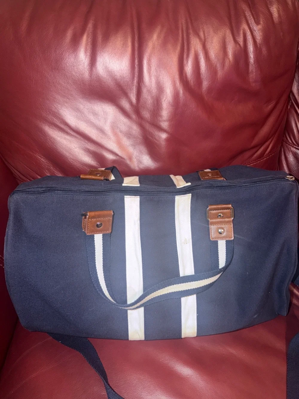 Ralph Lauren Navy Canvas Duffel with Cream Stripes and Brown Leather Trim